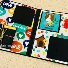 This page layout from our dog scrapbook is perfect for showcasing multiple photos. It includes fun embellishments like a fire hydrant and a dog house, adding to the playful theme.