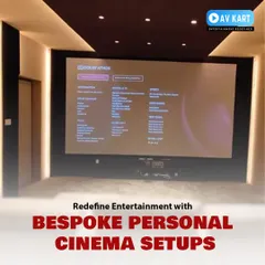 A bespoke personal cinema setup featuring a massive screen perfectly integrated into the room's design. The Dolby Atmos interface shows the wide range of content ready to be enjoyed, from movies and TV to sports and video games, all with immersive sound.
