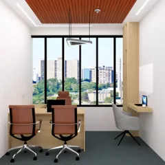Another view of the 3D office cabin design, highlighting the space from the entrance. This view shows the executive chair placement and the clear view of the city, creating a powerful and inspiring workspace for leadership.