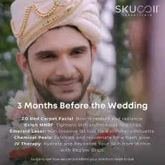 Three months before the wedding, we focus on refining and perfecting your look. Our plan includes the ZO Red Carpet Facial for radiance, Exion MNRF for fine lines, Emerald Laser for non-invasive fat loss, and IV Therapy for a glow from within.