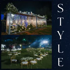 I focus on creating stylish and comfortable spaces for guests. This event featured a clear-paneled bar structure decorated with flowers and chic, modern lounge seating arranged for conversation and relaxation.