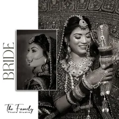 A black and white collage showcasing two distinct bridal looks, one a classic profile and the other a joyful smile. This format is great for wedding albums, telling a story in a single frame.
