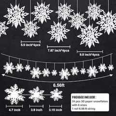 Create a winter wonderland with this set of 3D paper snowflake decorations. The package includes 24 snowflakes in various sizes that can be hung from the ceiling or on a wall.