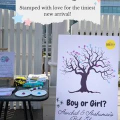 Stamped with love for the tiniest new arrival! This fingerprint tree is a creative and interactive guest book, where friends and family guess "Boy or Girl?" by leaving a pink or blue fingerprint.