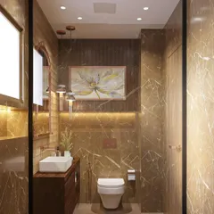 This angle of the bathroom shows the full space, including the wall-mounted toilet and the beautiful artwork. The consistent use of warm tones and materials creates a cohesive and luxurious powder room.