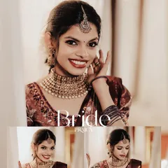 A collage of bridal portraits, showcasing her beautiful smile, stunning makeup, and traditional temple jewelry.