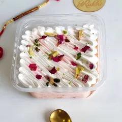 Inspired by the flavors of royal falooda, my Rose Tres Leches is a heavenly treat. The cake is infused with rose flavor and topped with delicate rose petals and pistachios for a fragrant and refreshing dessert.