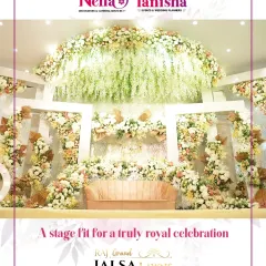 For a truly royal celebration, we craft stages that exude elegance and sophistication. This design features a cascade of white and cream florals, creating a lush, three dimensional backdrop that is both timeless and breathtakingly beautiful.