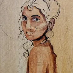 A work-in-progress shot where I've started adding the base layers of color. You can see how the portrait begins to come to life as I build up the skin tones and shading.