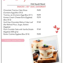 Discover our Sweet Delights, featuring treats like Chocolate Tiramisu Cake Slices and Korean Cream Cheese Buns. Many options are eggless, and we also offer guilt-free bakes without refined flour, sugar, or butter.