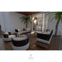 This outdoor lounge features our custom-made, weather-resistant furniture arranged around a central fire pit. The inclusion of mature palm trees and modern pendant lighting makes the space feel like an extension of the interior.