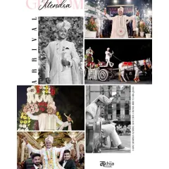 This collage is all about the groom's grand arrival. It captures Jitendra's journey, from portraits in his sherwani to his energetic entry on a horse-drawn carriage, telling the full story of his baraat.