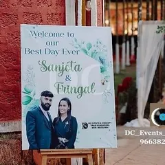 A personalized welcome sign for a wedding, featuring a photo of the happy couple. We place these at the entrance to greet guests and add a personal touch to the decor.
