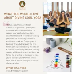 At Divine Soul Yoga, we teach authentic yoga and pranayama combined with bliss meditation to deepen your spiritual dimension. Our programs are beginner friendly and designed to help you unleash your divine power.
