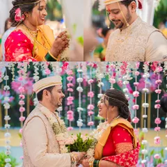 The 'varmala' or garland exchange, a joyful and significant ritual, captured here with the couple's happy expressions.