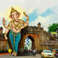 A creative concept artwork showing a giant Lord Ganesha blessing the city of Chandrapur at the historic Jatpura Gate. This piece was made as a welcome for the Ganesh Utsav festival.