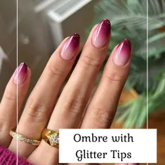 A beautiful ombre design that transitions from a natural nude base to deep burgundy tips. A sprinkle of fine glitter on the ends adds a touch of festive sparkle, perfect for any special occasion.