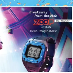 A product-focused shot for the Titan Zoop 'Blue Thunder' watch. The styling is minimal to draw all attention to the watch's futuristic design and bold colors, appealing directly to young 'Imaginators'.