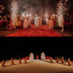 The grandeur of a royal entry. This collage shows the groom's firework-lit procession and the stunningly decorated stage, setting the scene for a magnificent wedding in Puri.