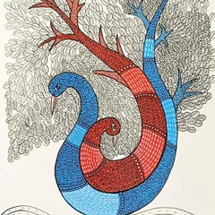 A beautiful example of Gond art by Lakshit Mukhiya. This piece depicts two birds whose bodies form a tree, showcasing the style's characteristic intricate patterns and connection to nature.