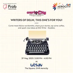 "Writers of Delhi, this one's for you!" An invitation to a writers' meetup at Utsav, positioning us as a hub for the creative community to connect and spark new ideas.
