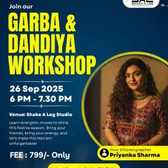 Get ready for the festive season with my Garba and Dandiya workshops. Learn energetic moves, bring your friends, and let's make this Navratri unforgettable together.