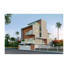 Another rendering of the proposed concrete house, showing how the design uses a combination of board-formed concrete, wood accents, and glass. The split-level balconies and terraces create a dynamic facade and provide multiple outdoor living areas.