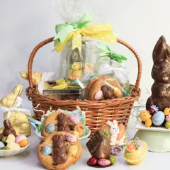 My classic Easter Basket, a wicker basket brimming with treats like a chocolate bunny, marzipan eggs, decorated cookies, and more. It's everything you need for the perfect Easter morning.