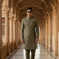 We don't forget the men. This olive green sherwani is pure regal elegance, with detailed gold and silver threadwork that catches the light beautifully. It's a sophisticated choice for any wedding function, from the mehendi to the main event.