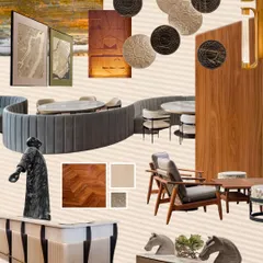 A mood board showcasing the tactile exploration of materiality for the Elevate Clubhouse. The palette blends clay, stone, and wood to create an earthy yet sophisticated environment.