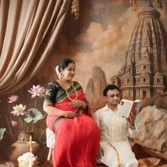 A storytelling portrait of an expecting couple in traditional attire, with the father-to-be reading from a book against a backdrop of a majestic temple painting.