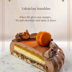 My Valencian Sunshine entremet is a memory on a plate. This cross-section reveals the bright orange crèmeux and light mousse, a nod to the Jaffa cakes I loved in the UK. It’s a composition of nostalgia, crafted with the finest couverture chocolate.