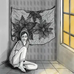 This illustration captures a moment of quiet contemplation in a monochrome room, illuminated by a warm, golden light from the window. It speaks to the silent, unspoken things we feel, creating a space between reality and dream.