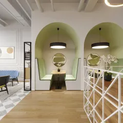 Another perspective of the reception and breakout area, highlighting the arched pods for semi-private conversations. The mix of wood flooring and patterned tiles defines different functional zones.