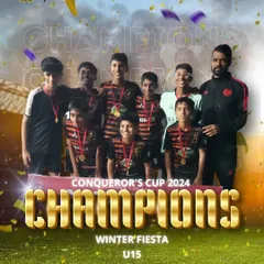 Victory at the Conqueror's Cup 2024. Our U15 team celebrating their championship win after a dominant performance in the winter fiesta.