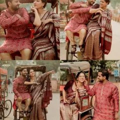 A collage of photos from our cycle rickshaw ride through Old Delhi. This shows the variety of playful and romantic moments we can capture with a single prop, telling a mini-story of your adventure together.