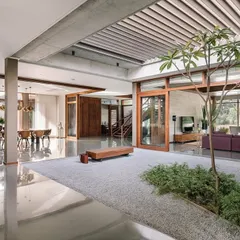A minimalist indoor courtyard featuring a single tree planted in a bed of white gravel. This zen-like design element brings a sense of calm and nature into a large, open-plan living space with polished concrete floors.