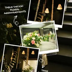 A collage highlighting the key decor elements of a boho cocktail party. It features close-ups of the fresh floral table arrangements and the unique tree decor at the entrance, with hanging lights and garlands.