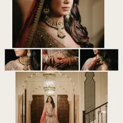 A collage of the bride Chitranksha's wedding look. It highlights the details of her jewelry, her henna-adorned hands, and her magnificent lehenga, all set within the beautiful corridors of the venue.
