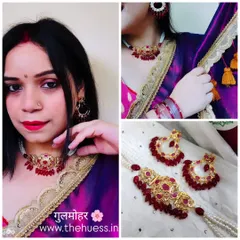 The beautiful Hyderabadi Jadau Gulmohar set, as worn by an influencer. The ruby red stones and pearl detailing make it a classic choice that pairs wonderfully with silk sarees and traditional outfits.
