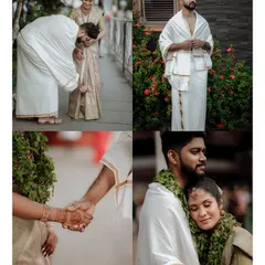 A collage showcasing key moments from a traditional Kerala wedding, including the groom seeking blessings, holding hands, and a tender embrace.