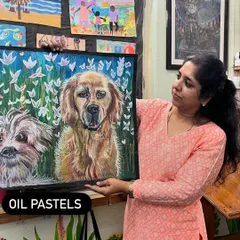 Another beautiful oil pastel piece, this time a portrait of two beloved pets. I guide students on how to capture personality and texture, even with a challenging medium like pastels.