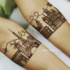 A travel-themed design for a globetrotting couple. One arm features the Eiffel Tower and other Parisian landmarks, while the other showcases a different city skyline, connected by a dotted flight path.