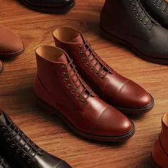 A top-down view of the Hanker Boots collection. This kind of flat lay is great for showing the variety of styles and colors available, all arranged on a warm wooden background that unifies the collection.