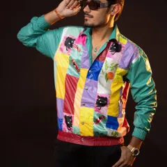 A closer look at the colorful jacket, showing off its unique details. I kept the rest of the outfit simple with black pants to let the jacket be the hero piece.