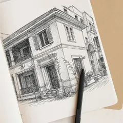 Design begins with a vision. This detailed ink sketch captures the client's brief for a home inspired by the timeless charm of London townhouses, focusing on symmetry and rhythm.