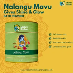Our Nalangu Maavu bath powder is a simple way to achieve a natural glow. It exfoliates, revitalizes the skin, removes body odour, and gives a youthful shine, all with the power of traditional herbs.