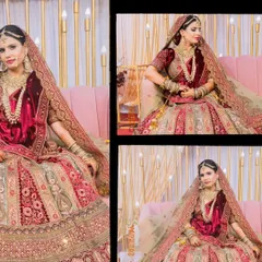 A collage dedicated to the bride's stunning portrait in her magnificent velvet lehenga, showcasing the intricate details of her attire and her regal presence.