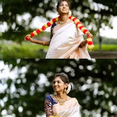 A joyful moment from our Onam series. The model is wearing a simple and elegant gold-finish jewellery set that is available for rent.