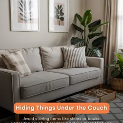 One tip for a clutter-free living room is to avoid hiding things under the couch. I recommend investing in closed storage solutions to maintain a neat and organized space.
